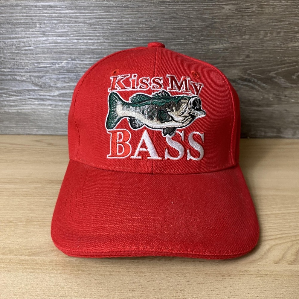 Kiss My Bass Hat Cap Strap Back Red Embroidered Fishing Novelty Slogan Mens